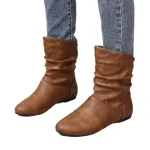 Women's Brown Slouch Mid - Calf Boots, Faux Leather Flat Heel for Versatile Everyday Casual Wear, Comfortable All - Day Style - Image 3