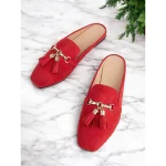Women's Red Faux Suede Elegant Tassel Mules with Gold Chain Detail for Casual & Office Wear - Image 4