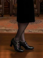 Women's Black 1920s Vintage Heels – Faux Leather Retro Cutout Pumps with Button Detail for Formal Events and Gatsby Party - Image 4