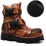 Men's Steampunk Motorcycle Boots with Double Buckle Straps and Rugged Sole, Brown Leather Gothic Footwear for Riding and Cosplay - Image 2