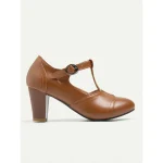 Women's Classic Brown Leather T-Strap Pumps with Chunky Heel, Vintage Office Shoes - Image 2