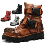 Men's Steampunk Motorcycle Boots with Double Buckle Straps and Rugged Sole, Brown Leather Gothic Footwear for Riding and Cosplay