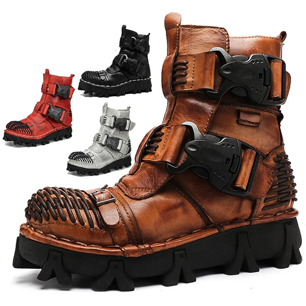 nrnbyx1695035976434.webp Men's Steampunk Motorcycle Boots with Double Buckle Straps and Rugged Sole, Brown Leather Gothic Footwear for Riding and Cosplay - Image 1