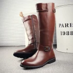 Men's Brown Knee-High Riding Boots – Faux Leather with Buckle Detail and Zipper Closure for Casual and Equestrian Style
