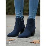 Women's Blue Suede Ankle Boots – Stylish Block Heel Short Booties with Side Zipper for Casual Fall and Winter Outfits