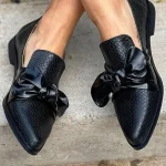 Women's Black Faux Leather Loafers with Bow Detail – Stylish Flat Shoes with Snake Print Texture for Casual and Everyday Wear - Image 2
