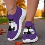 Women's Purple Flyknit Sneakers – Halloween Black Cat Print Lightweight Walking Shoes for Casual Outdoor Wear - Image 3
