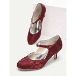 Women's Burgundy Lace Mary Jane Heels with Kitten Heel and Rhinestone Buckle - 1920s Elegant Retro Shoes for Ladies, Ideal for Weddings, Dance Parties & Formal Occasions - Image 4