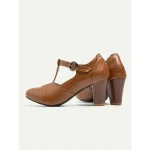 Women's Classic Brown Leather T-Strap Pumps with Chunky Heel, Vintage Office Shoes - Image 5