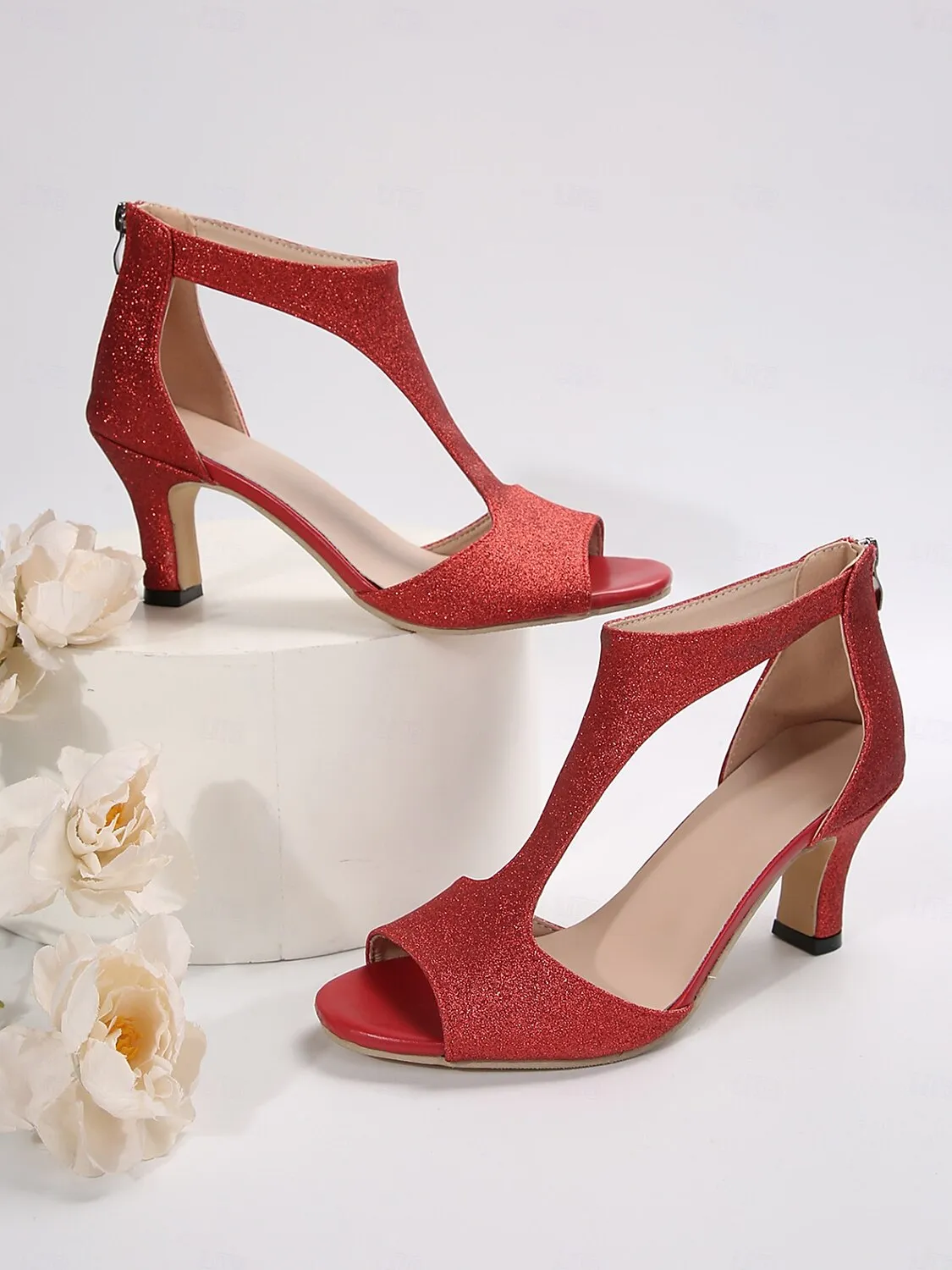 qfnlds1737026715754.webp Women's Heels Daily Summer Kitten Heel Open Toe Fashion Suede Sparkling Glitter Zipper Silver Black / Gold Black - Image 1