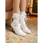 Women's Black Faux Leather Lace-Up Ankle Boots with Double Buckle Straps and Mid-Heel, 1950s Vintage Gothic Style Booties for Cosplay, Parties & Daily Fashion Wear - Image 8