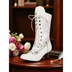 Women's White Victorian Lace-Up Mid-Calf Boots with Chunky Heel - 1900s Vintage Edwardian Style Bridal and Party Footwear - Image 6