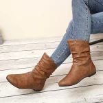 Women's Brown Slouch Mid - Calf Boots, Faux Leather Flat Heel for Versatile Everyday Casual Wear, Comfortable All - Day Style - Image 2