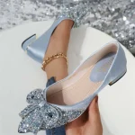 Women's Glitter Flats with Bow Detail - Elegant Rhinestone Embellished Low-Heel Shoes for Party and Formal Occasions - Image 2