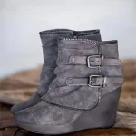 Women's Faux Suede Wedge Ankle Boots with Double Buckle and Side Zipper – Casual and Stylish Footwear - Image 2