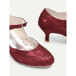 Women's Burgundy Lace Mary Jane Heels with Kitten Heel and Rhinestone Buckle - 1920s Elegant Retro Shoes for Ladies, Ideal for Weddings, Dance Parties & Formal Occasions - Image 3