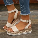 Women's Beige Crocodile - Embossed Espadrille Wedge Sandals, Adjustable Ankle Strap Platform Sandals for Summer Casual - Image 4