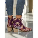 Women's Purple Jacquard Lace-Up Ankle Boots with Floral Embroidery and Low Block Heel - 1920s Vintage Bohemian Style Boots for Ladies, Perfect for Festivals, Gatsby Parties & Casual Fashion - Image 5