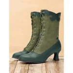 Women's Victorian Vintage Green Lace-Up Boots with Scalloped Trim and Brogue Detailing - Elegant High Heel Shoes for Cosplay, Steampunk, and Retro Outfits - Image 2