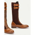 Women's Burgundy Faux Suede and Black Faux Leather Knee-High Lace-Up Boots – Vintage-Inspired Design with Double Buckle Straps, Perfect for Casual and Formal Wear - Image 7