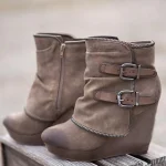 Women's Faux Suede Wedge Ankle Boots with Double Buckle and Side Zipper – Casual and Stylish Footwear - Image 3