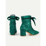 Women's Green Victorian Lace-Up Boots with Floral Lace Overlay and Ribbon Tie – Vintage Style for Special Occasions - Image 7