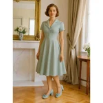 Women's 1950s  Light Blue Bow Heels – Faux Leather Round Toe Pumps with Scalloped Edging for Vintage-Inspired Outfits, Office Wear, and Spring Weddings - Image 6