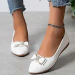 Women's White Pointed-Toe Ballet Flats with Bow and Metal Accent – Elegant Casual Shoes for Work, Parties, and Everyday Wear - Image 4