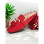 Women's Red Faux Suede Elegant Tassel Mules with Gold Chain Detail for Casual & Office Wear - Image 2