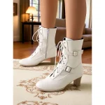 Women's Black Faux Leather Lace-Up Ankle Boots with Double Buckle Straps and Mid-Heel, 1950s Vintage Gothic Style Booties for Cosplay, Parties & Daily Fashion Wear - Image 6