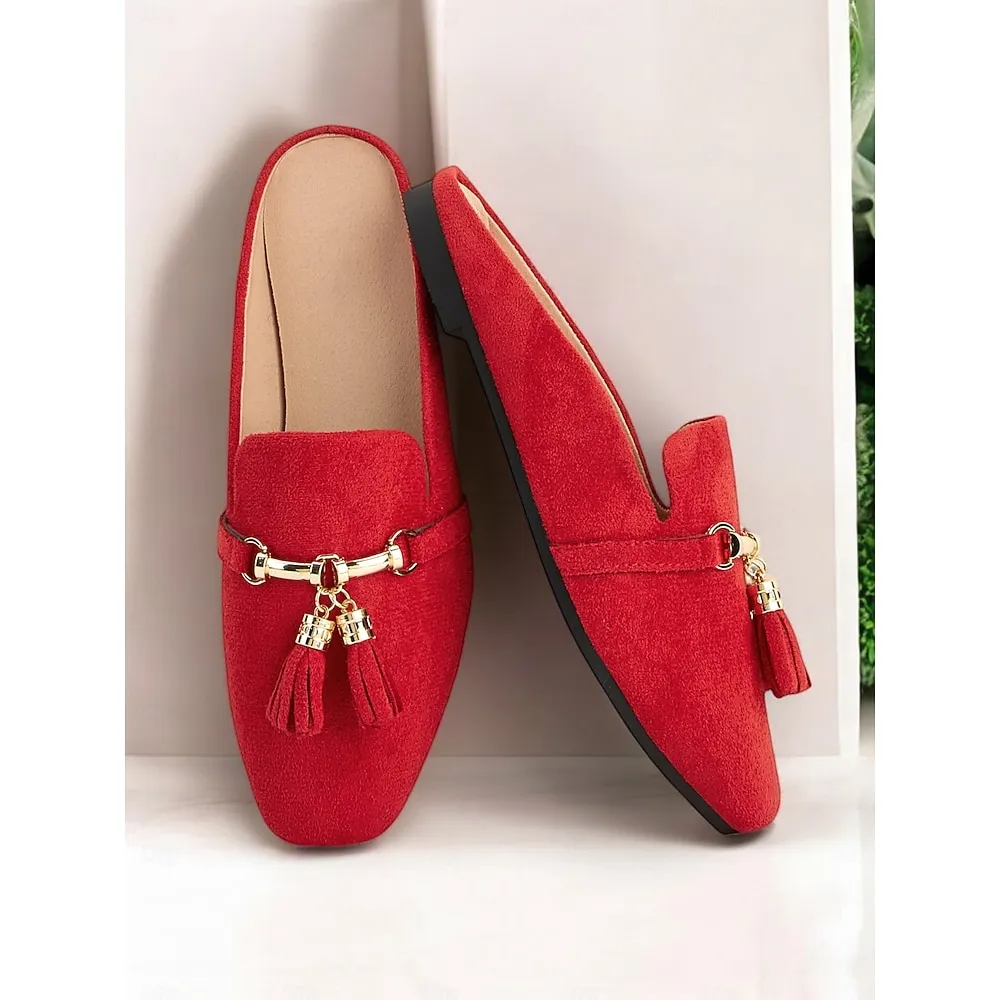 urwsvj1737895006004.webp Women's Red Faux Suede Elegant Tassel Mules with Gold Chain Detail for Casual & Office Wear - Image 1
