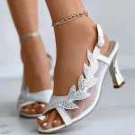 Women's White Mesh Rhinestone Heeled Sandals – Elegant Open-Toe Wedding Shoes with Leaf Design - Image 3
