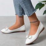 Women's White Pointed-Toe Ballet Flats with Bow and Metal Accent – Elegant Casual Shoes for Work, Parties, and Everyday Wear - Image 5