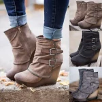 Women's Faux Suede Wedge Ankle Boots with Double Buckle and Side Zipper – Casual and Stylish Footwear - Image 4