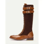 Women's Burgundy Faux Suede and Black Faux Leather Knee-High Lace-Up Boots – Vintage-Inspired Design with Double Buckle Straps, Perfect for Casual and Formal Wear - Image 4