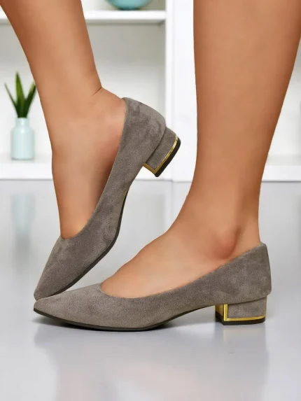 Women's Gray Faux Suede Block Heel Pumps with Pointed Toe, Low Heels for Office Work, Conferences and Business Travel