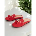 Women's Red Faux Suede Elegant Tassel Mules with Gold Chain Detail for Casual & Office Wear - Image 3