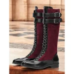 Women's Burgundy Faux Suede and Black Faux Leather Knee-High Lace-Up Boots – Vintage-Inspired Design with Double Buckle Straps, Perfect for Casual and Formal Wear