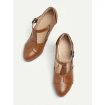 Women's Classic Brown Leather T-Strap Pumps with Chunky Heel, Vintage Office Shoes - Image 4