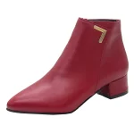 Women's Red Ankle Boots – Pointed Toe Faux Leather Block Heel Booties with Side Zipper for Office, Casual and Fall Winter Outfits - Image 2