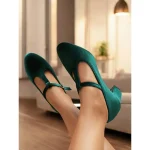 Women's Green Velvet T-Strap Mary Jane Heels with Block Heel – Vintage-Inspired Dress Shoes for Parties and Formal Events - Image 3