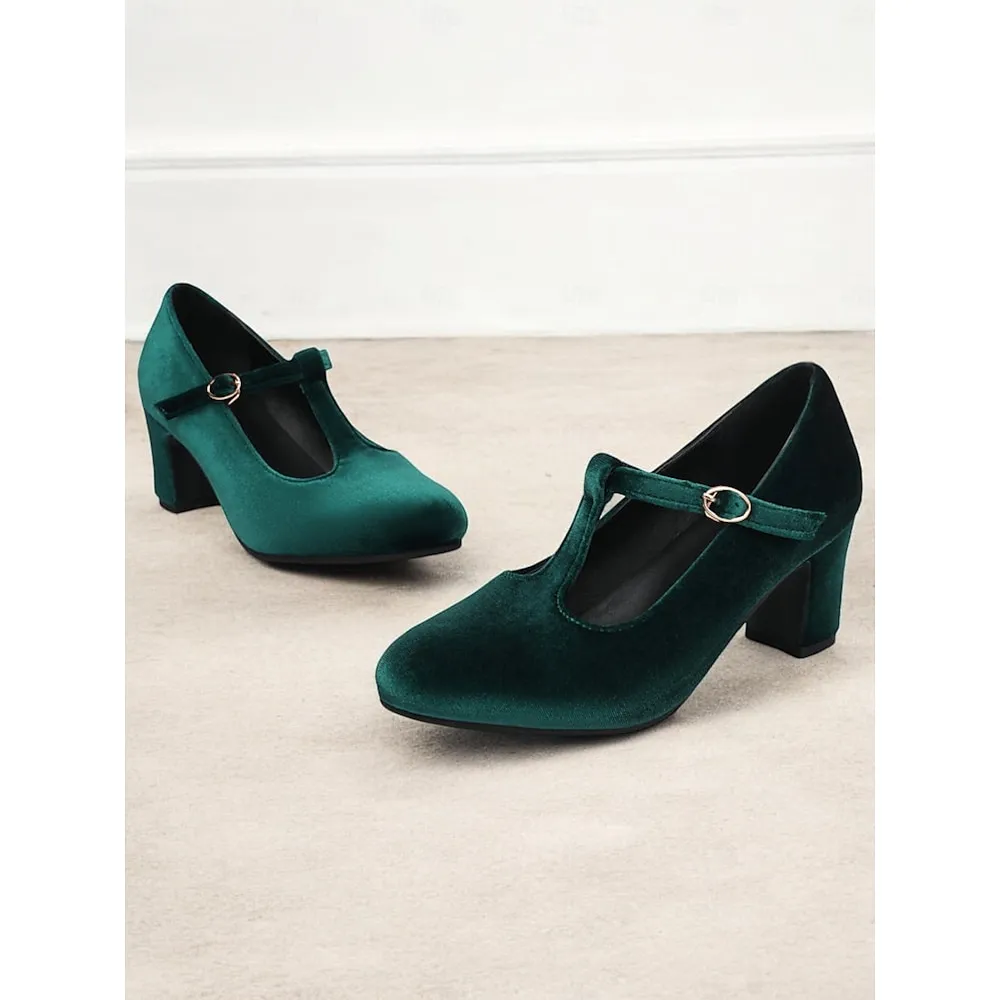 xwmats1730198799589.webp Women's Green Velvet T-Strap Mary Jane Heels with Block Heel – Vintage-Inspired Dress Shoes for Parties and Formal Events - Image 1
