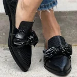 Women's Black Faux Leather Loafers with Bow Detail – Stylish Flat Shoes with Snake Print Texture for Casual and Everyday Wear - Image 3