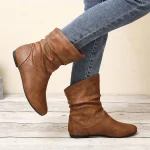 Women's Brown Slouch Mid - Calf Boots, Faux Leather Flat Heel for Versatile Everyday Casual Wear, Comfortable All - Day Style - Image 4