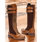 Women's Burgundy Faux Suede and Black Faux Leather Knee-High Lace-Up Boots – Vintage-Inspired Design with Double Buckle Straps, Perfect for Casual and Formal Wear - Image 3