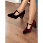 Women's Green Velvet T-Strap Mary Jane Heels with Block Heel – Vintage-Inspired Dress Shoes for Parties and Formal Events - Image 8