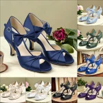 Green Satin Open-Toe High Heel Sandals with Bow Detail for Women - Elegant Wedding or Evening Shoes - Image 2