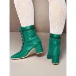 Women's Green Victorian Lace-Up Boots with Floral Lace Overlay and Ribbon Tie – Vintage Style for Special Occasions - Image 2