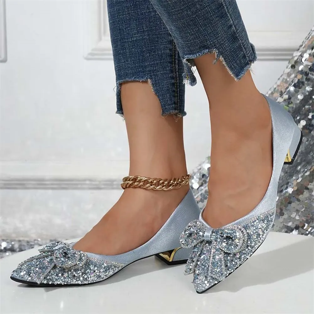 zkhmsb1694608776368.webp Women's Glitter Flats with Bow Detail - Elegant Rhinestone Embellished Low-Heel Shoes for Party and Formal Occasions - Image 1