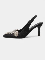 Women's White Lace Slingback Kitten Heels with Rhinestone Embellishments - Vintage-Inspired Cocktail Party Shoes for Bridesmaids, Garden Receptions and Outdoor Celebrations - Image 3